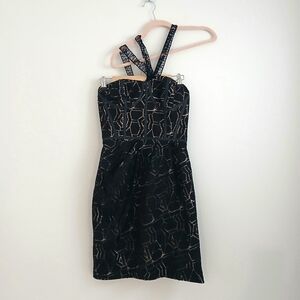 Lela Rose Black Lace Corset Asymmetrical Strap Knee Length Dress